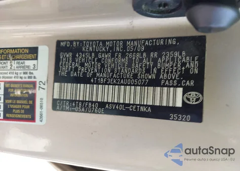 2010 Toyota Camry Le z USA, uszkodzony, nr VIN 4T1BF3EK2AU005077